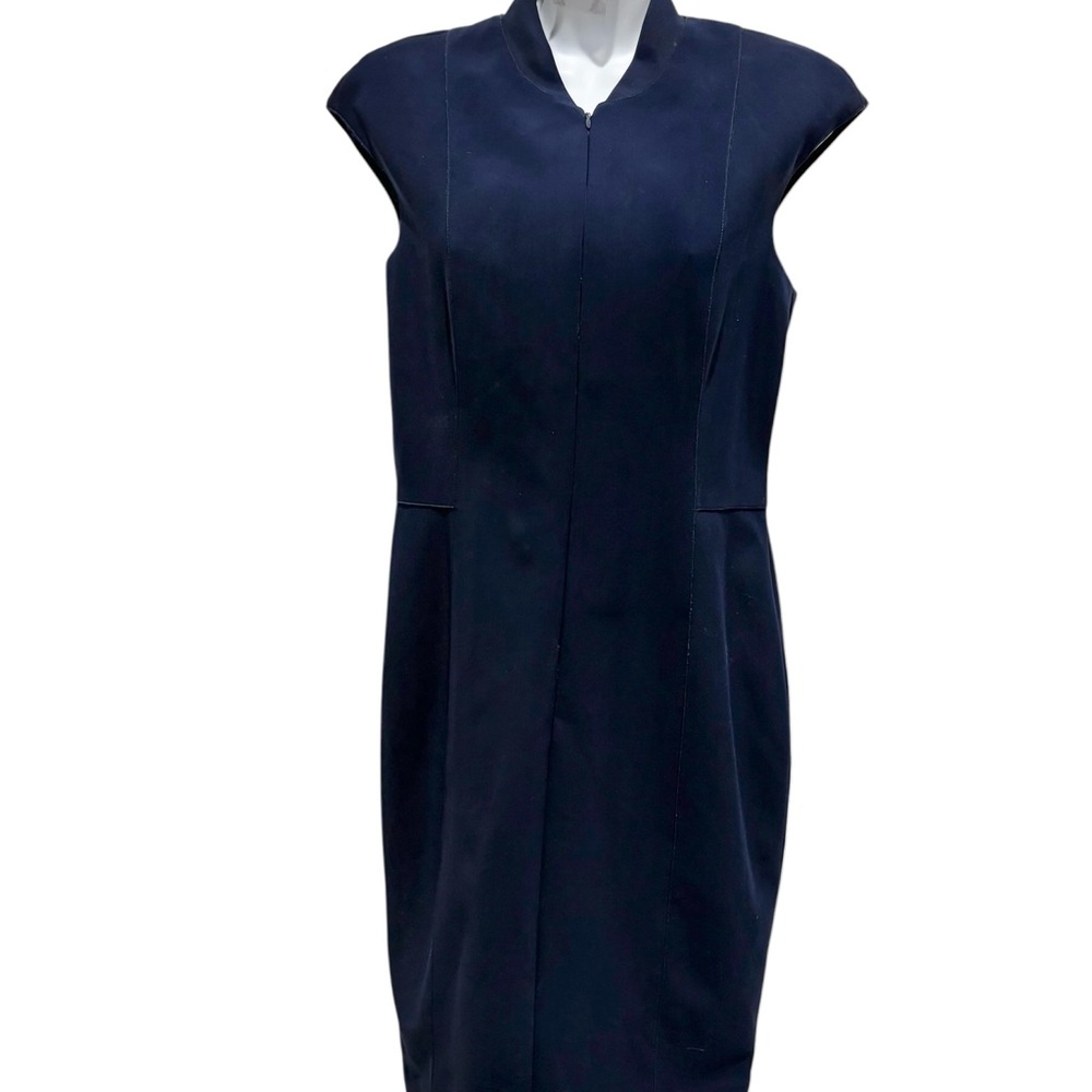 AKRIS PUNTO Women’s Dark Blue Sheath Dress Front Zip Up Cap Sleeve Size 8